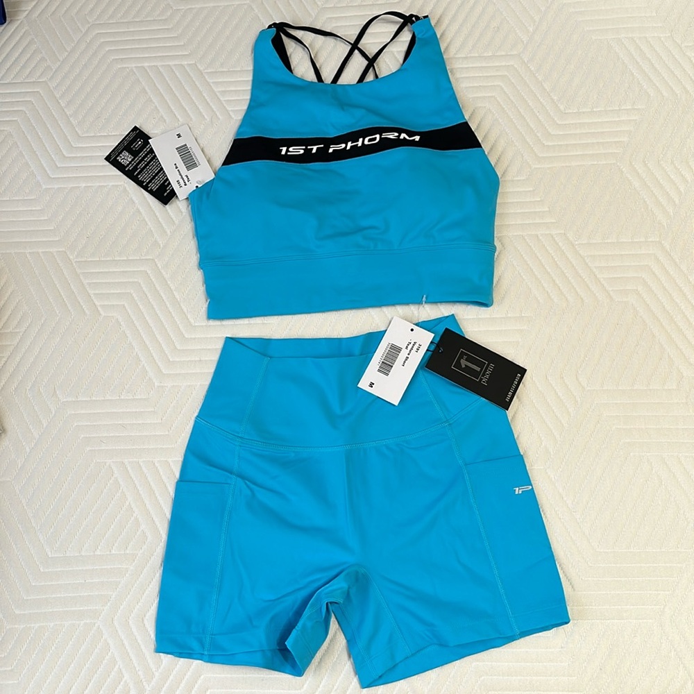 1ST PHORM MEDIUM Revolution sports bra w/ MEDIUM Venture shorts 3in inseam. TEAL